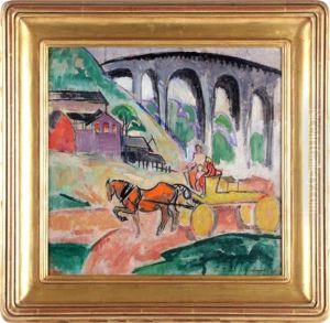 Figures On A Horse Drawn Wagon With Bridge by William Sommer