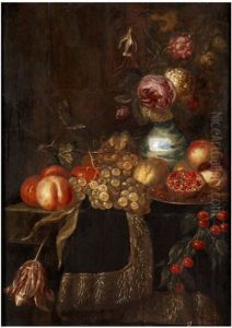 Stillleben Mit Fruchten Und Blumen In Einer Chinavase