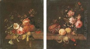 A Rose, A Tulip, Oranges, Cherries, And Blackberry Blossom On A Stone Ledge by Jan Frans van Son