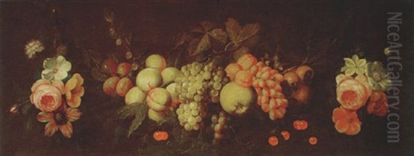 Still Life Of Swag Of Fruit And Flowers Suspended From Nails - view 1
