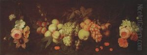 Still Life Of Swag Of Fruit And Flowers Suspended From Nails by Jan Frans van Son
