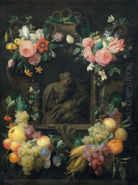 Stone Cartouche With A Depiction Of The Madonna And Child And John The Baptist Surrounded By Bouquets Of Flowers And Fruits - view 1