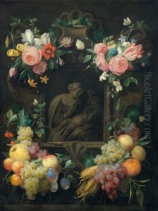 Stone Cartouche With A Depiction Of The Madonna And Child And John The Baptist Surrounded By Bouquets Of Flowers And Fruits by Joris Van Son