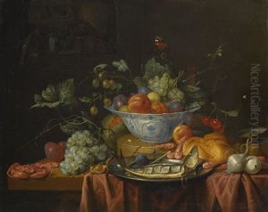 Still Life With Fruit In A Wan-li Porcelain Bowl, With A Crab, Fish And Shrimps On A Table, And A Vanitas Still Life With A Skull On The Ledge, Upper Left by Joris Van Son