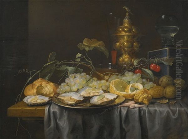 A 'pronk' Still Life Of Grapes, Cherries, Walnuts And A Peeled Lemon, With Oysters On A Pewter Plate, And A Glass Roemer, Wine Glass And Gilt Goblet, All On A Draped Table - view 1