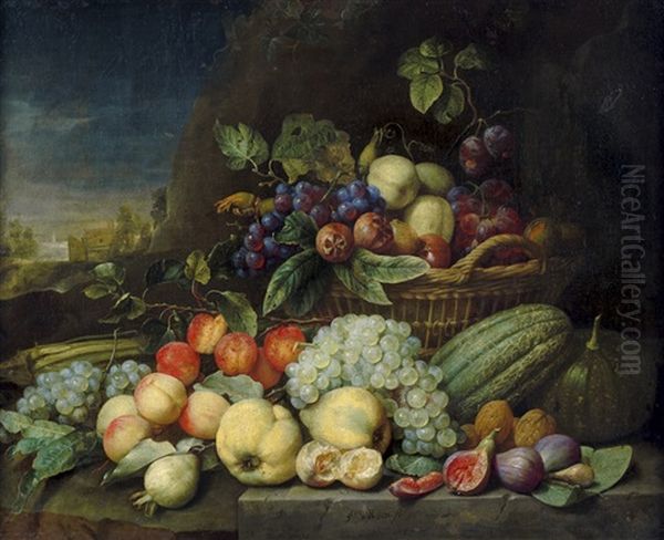 Obststillleben Mit Mispeln, Quitten, Feigen, Melonen, Aprikosen Und Trauben Auf Einem Steinernen Tisch Und In Einem Fruchtkorb, Links Mit Aussicht Auf Eine Landvilla - view 1
