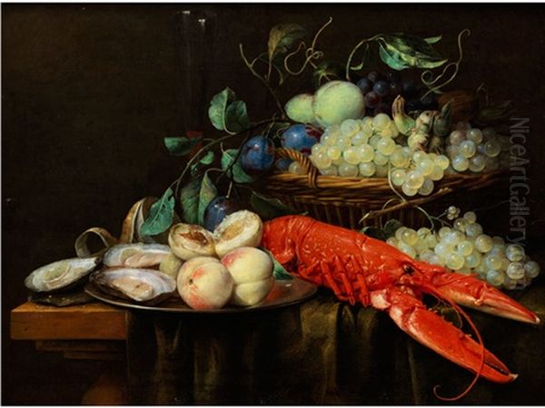 Stillleben Mit Fruchtetablett, Languste Und Austern - view 1