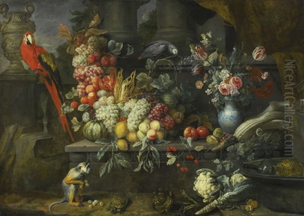Still Life Of A Garland Of Fruits, Flowers In A Blue And White Vase Upon A Stone Plinth, Together With Vegetables, A Wine Cooler, A Monkey, A Tortoise, A Macaw And A Grey Parrot, Within An Architectural Setting - view 1