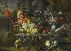 Still Life Of A Garland Of Fruits, Flowers In A Blue And White Vase Upon A Stone Plinth, Together With Vegetables, A Wine Cooler, A Monkey, A Tortoise, A Macaw And A Grey Parrot, Within An Architectural Setting