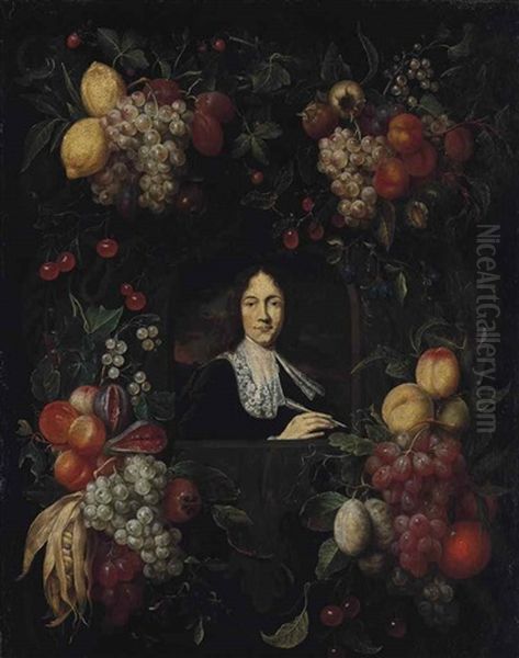 A Sculpted Cartouche With A Garland Of Lemons, Grapes, Cherries, Figs, Apricots, Strawberries And Other Fruits, Surrounding A Portrait Of A Gentleman, Bust-length, In A Black Doublet And White Lace Standing Collar, Holding A Quill In His Right Hand - view 1