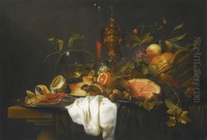 A 'pronk' Still Life Of Fruits In A Basket Together With A Gilt Goblet, Wine Glass, A Ham, A Pie, Orange, Lemon And A Crab, All Upon A Table Draped With Blue And White Cloths