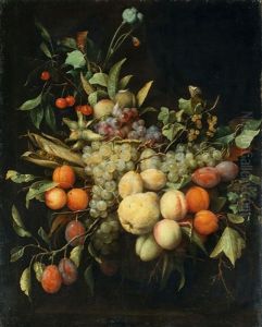 A Garland Of Fruits In Front Of A Stone Relief A Garland Of Fruits In Front Of A Stone Relief