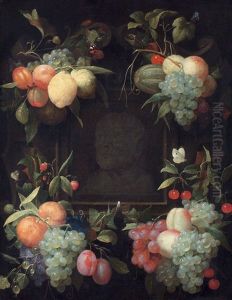 Een Guirlande Van Vruchten En Vlinders Rondom Een Gebeeldhouwde Buste Van Seneca In Een Nis by Joris Van Son