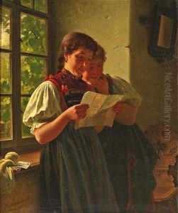 Am Fenster Stehend Lesen Zwei Bauernmadchen Einen Brief