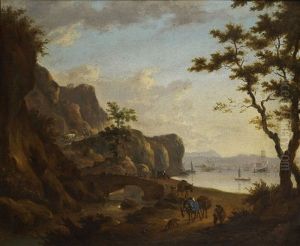 Paysage Italien Avec Un Port Et Des Aniers Traversant Un Pont