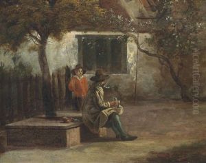 A Man Sitting Outside A Cottage Smoking A Pipe, With A Boy Holding A Rod by Jan Gabrielsz Sonje