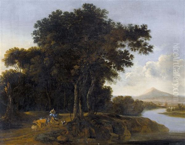Flusslandschaft Mit Reitender Hirtin Und Vieh - view 1