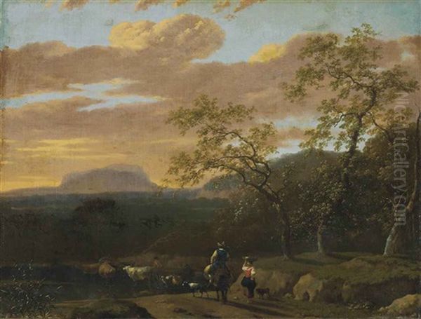 A Mountainous River Landscape With Peasants, Cows, Goats And Sheep - view 1