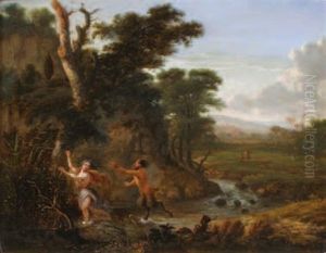 Nymphe Et Satyre Dans Un Paysage De Riviere
