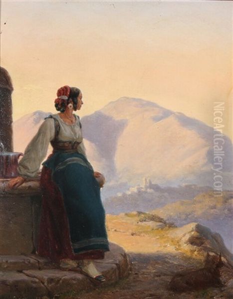 An Italian Woman By A Fontain - view 1