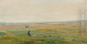 Open Landscape With A Boy Guarding His Sheep by Jorgen Valentin Sonne