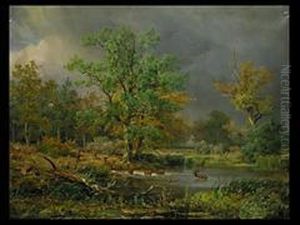 Gewitterstimmung Mit Weiher Und Hirschen by Hans Heinrich Jurgen Brandes