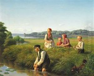 Farmer Boy Picking A Water Lily To His Girlfriend On A Nice Summer Day