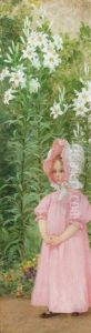 Fillette En Rose Dans Un Jardin De Lys