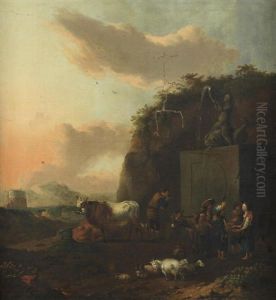 Drovers With Their Herd Before A Fountain
