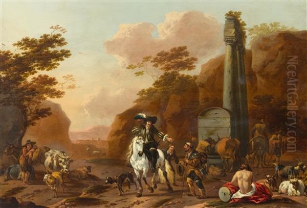 A Traveller With A Beggar And Shepherds With Animals Before A Fountain - view 1