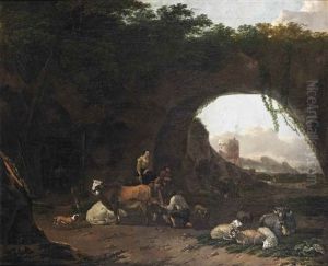 An Italianate Landscape With Herdsmen At The Blacksmith Before An Archway, A Chalkoven In The Distance by Jan Frans Soolmaker