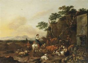 An Italianate Landscape With Shepherds And Their Stock Resting Near A Fountain