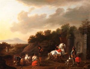 Travelers By A Fountain In An Italianate Landscape