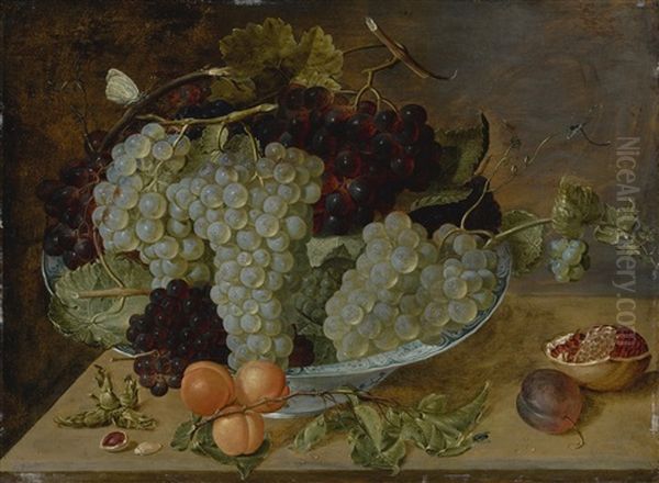 Still Life Of Grapes, Peaches, And A Pomegranate On Stone Ledge - view 1