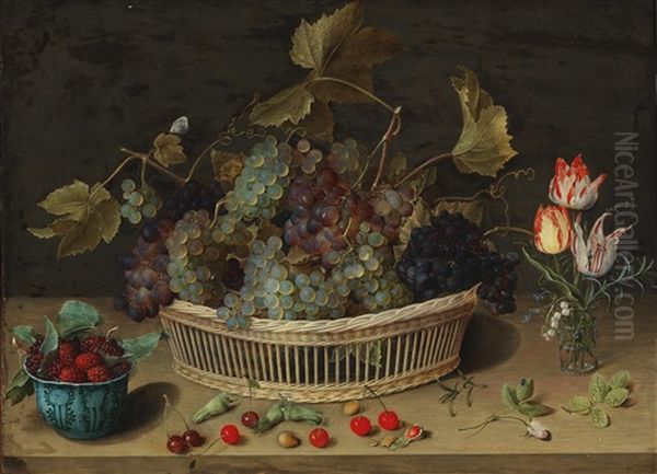 A Still Life Of Fruit And Flowers With Grapes In A Wicker Basket - view 1