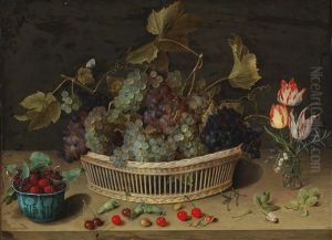 A Still Life Of Fruit And Flowers With Grapes In A Wicker Basket by Isaac Soreau