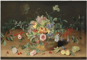 Still Life With A Basket Of Flowers And Fruit by Isaac Soreau