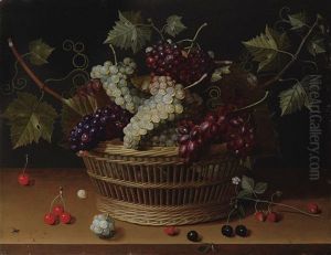 Nature Morte A La Corbeille De Raisins, Cerises Et Branche De Fraisier Sur Un Entablement by Isaac Soreau