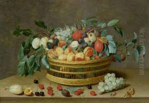 Weidenkorb Mit Fruchten Und Pflaumenblattern by Isaac Soreau