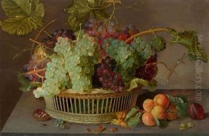 Fruchtestillleben Mit Trauben In Einem Flechtkorb Und Aprikosen Auf Einer Tischplatte by Isaac Soreau