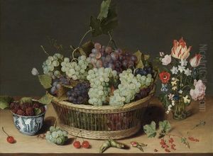 A Still Life Of Grapes In A Basket, Mulberries In A Wanli Kraak Porcelain Bowl And Flowers In A Glass Vase On A Stone Ledge A Still Life Of Grapes In A Basket, Mulberries In A Wanli Kraak Porcelain Bowl And Flowers In A Glass Vase On A Stone Ledge
