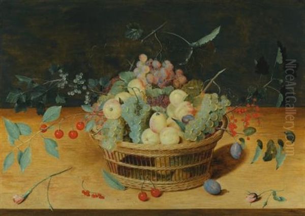 Still Life Of Fruit In A Basket On A Ledge - view 1