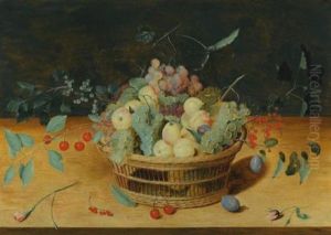 Still Life Of Fruit In A Basket On A Ledge by Isaac Soreau