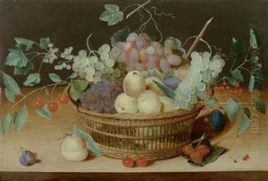 Flechtkorb Mit Fruchten Auf Einer Tischplatte Mit Insekten by Isaac Soreau