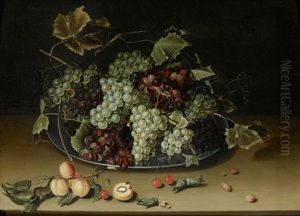 Fruchtestilleben Mit Trauben Auf Einem Zinnteller Sowie Aprikosen, Kirschen Und Nussen Auf Einem Tisch by Isaac Soreau