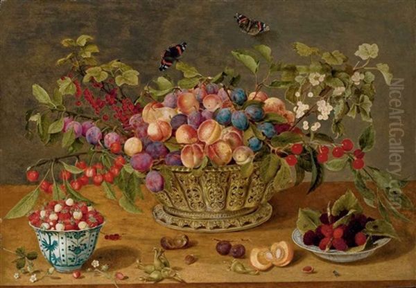 Prunes, Abricots, Cerises Et Groseilles Dans Une Corbeille Avec Coupelles De Framboises Et De Fraises Des Bois Sur Un Entablement - view 1