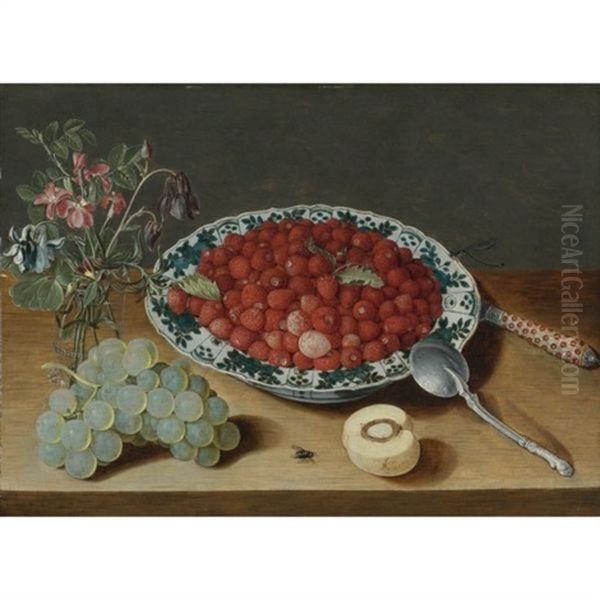 A Still Life With Strawberries In A Wan-li Porcelain Bowl, A Bunch Of Grapes, A Glass Vase With Columbines And Eglantine, A Silver Spoon, An Inlaid Knife And A Half Peach With A Fly And Dragon Fly On A Wooden Table Top - view 1