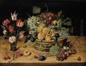 Carnations, Tulips And Other Flowers In A Glass Vase With Peaches, Grapes And Plums In A Basket On A Ledge With Cherries, A Butterfly And A Beetle by Isaac Soreau