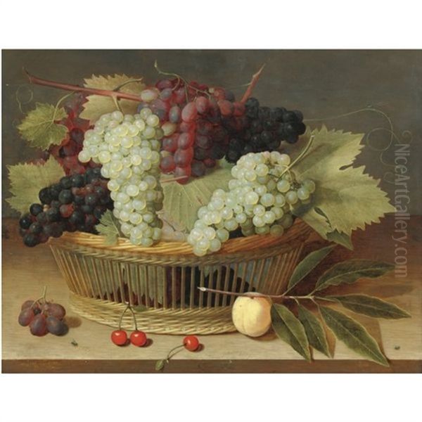 Still Life With Grapes On The Vine In A Basket, With Three Cherries On The Wooden Tabletop Below - view 1