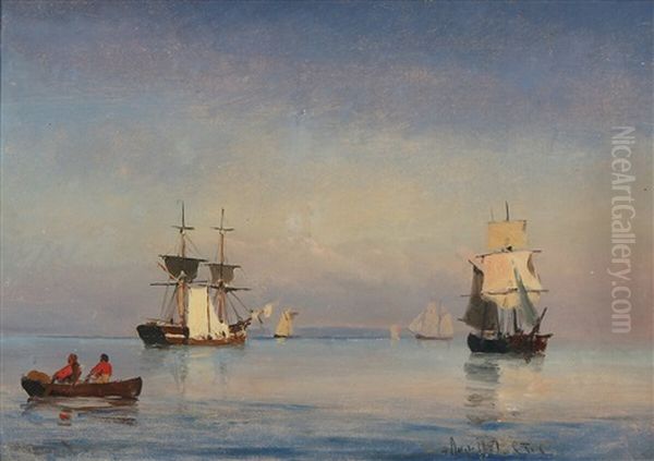 Seascape With Sailing Ships And A Rowing Boat On Still Waters - view 1